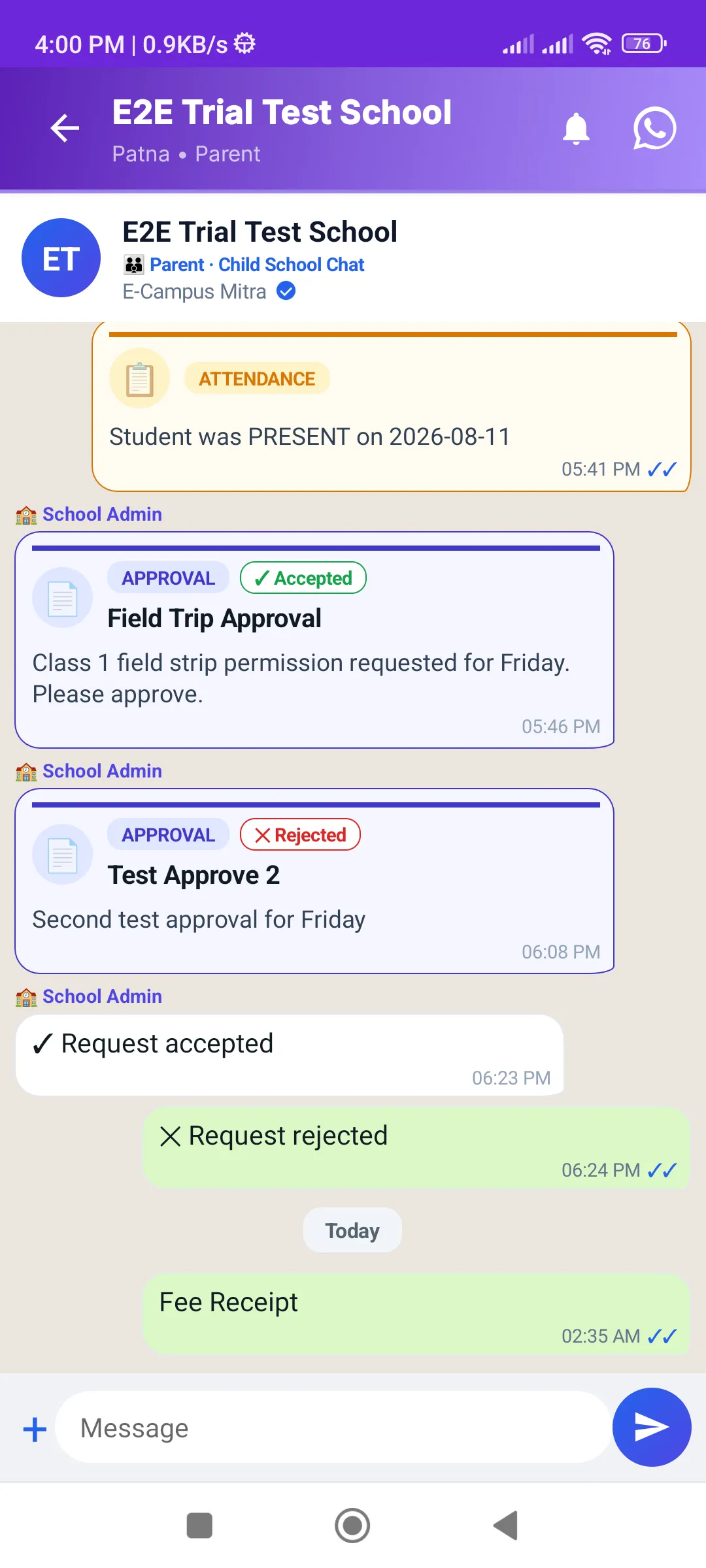E-Campus Mitra chat in the app